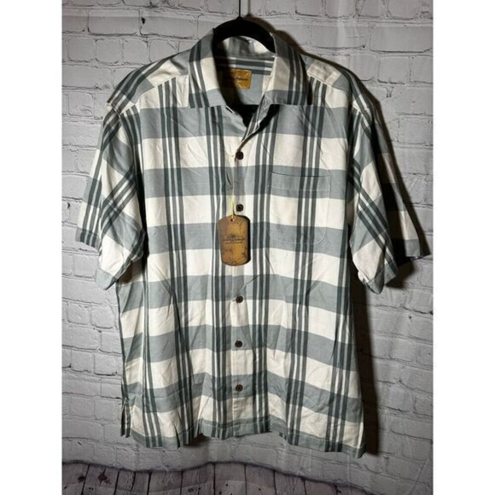 TOMMY BAHAMA MENS‎ GRAY AND WHITE PLAID SHORT SLEEVE SILK BLEND SHIRT (M)…